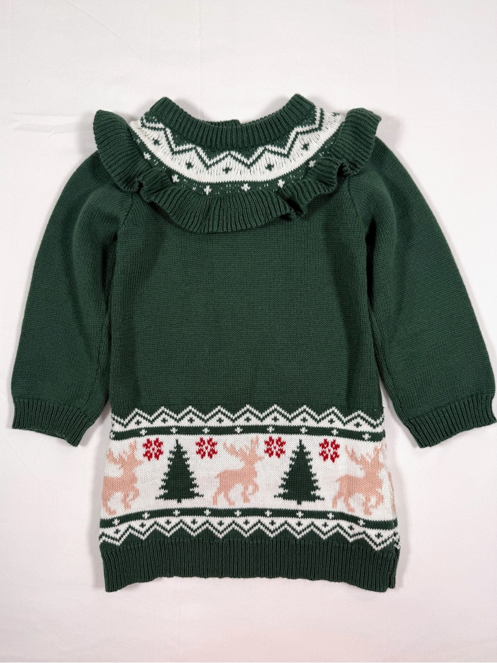 NWOT NICOLE MILLER Girl Green Fair Isle Reindeer Christmas Sweater Dress 18M